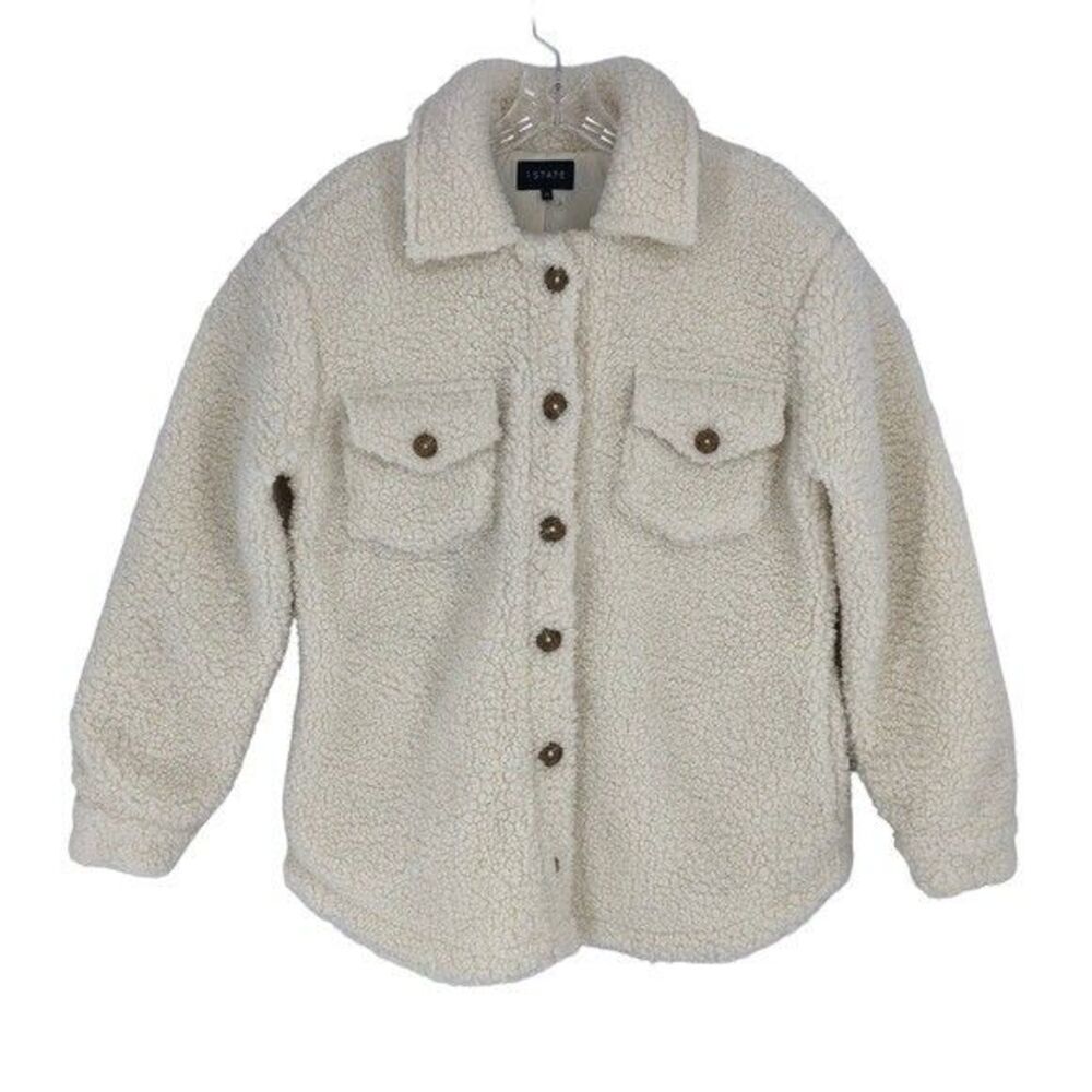 1 State Cream Fuzzy Faux Fur Jacket Size Medium Teddy Bear Button Coat